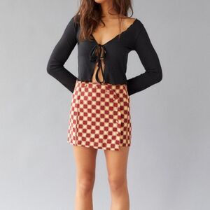 UO Mini Skirt Jagger Button-Front Urban Outfitters Maroon Checker Star Casual